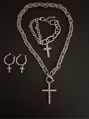 Silver Chain Necklace with Crystal Cross Pendant, Bracelet and Earring Set